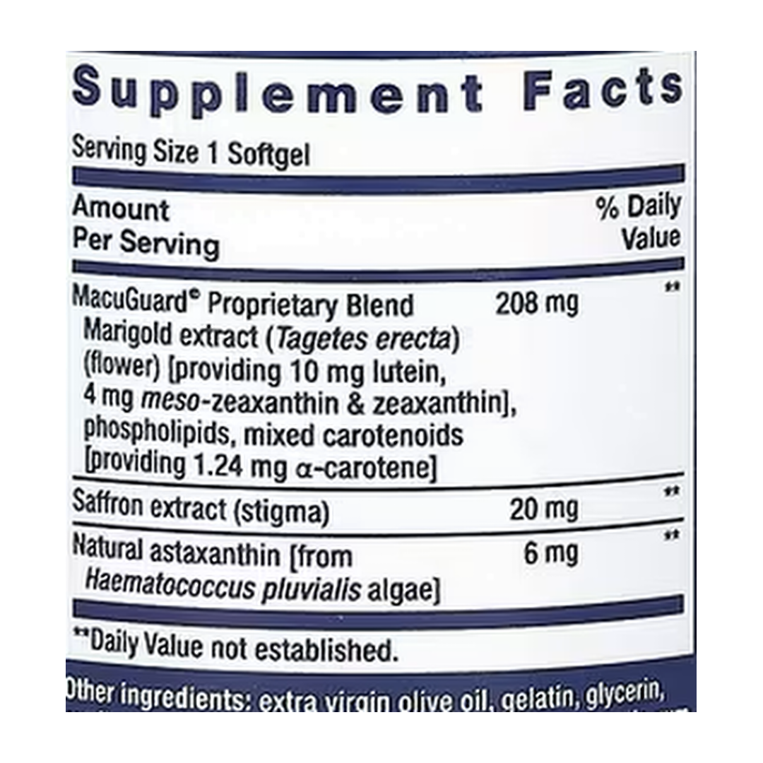 Life Extension, MacuGuard® Ocular Support with Saffron & Astaxanthin 60 softgels supplement facts label showing ingredients, vitamins, minerals, and serving information