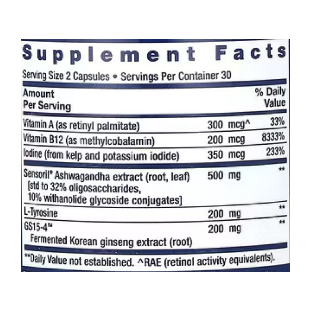 Life Extension, Thyroid Support Complex, 60 Capsules supplement facts label showing ingredients, vitamins, minerals, and serving information