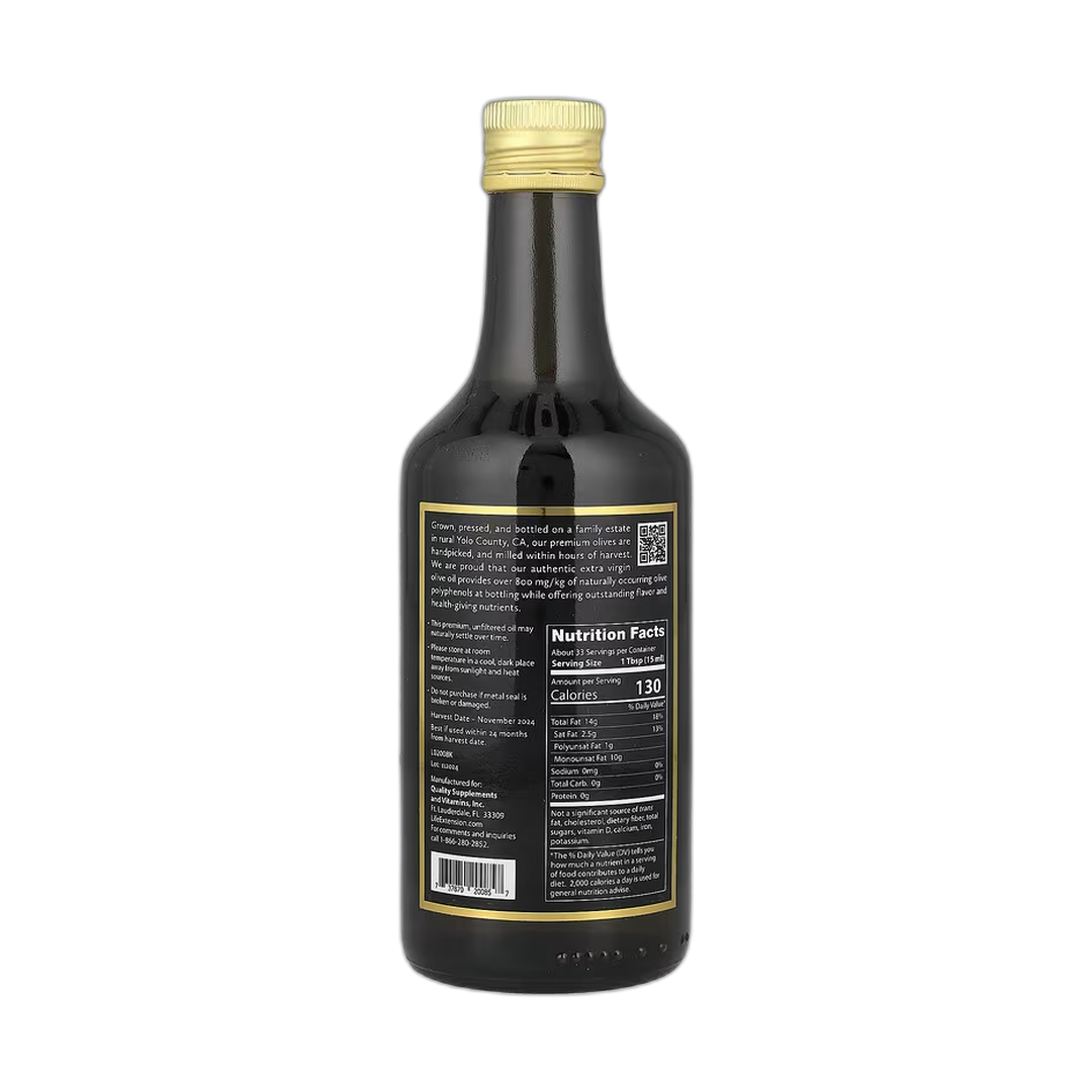 Life Extension, Extra Virgin Olive Oil, 16.9 fl oz, 500 ml back packaging view