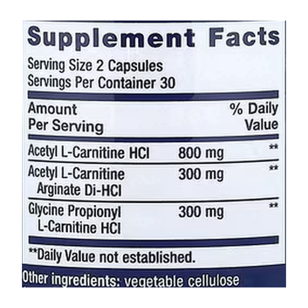 Life Extension, Optimized Carnitine, 60 Capsules supplement facts label showing ingredients, vitamins, minerals, and serving information