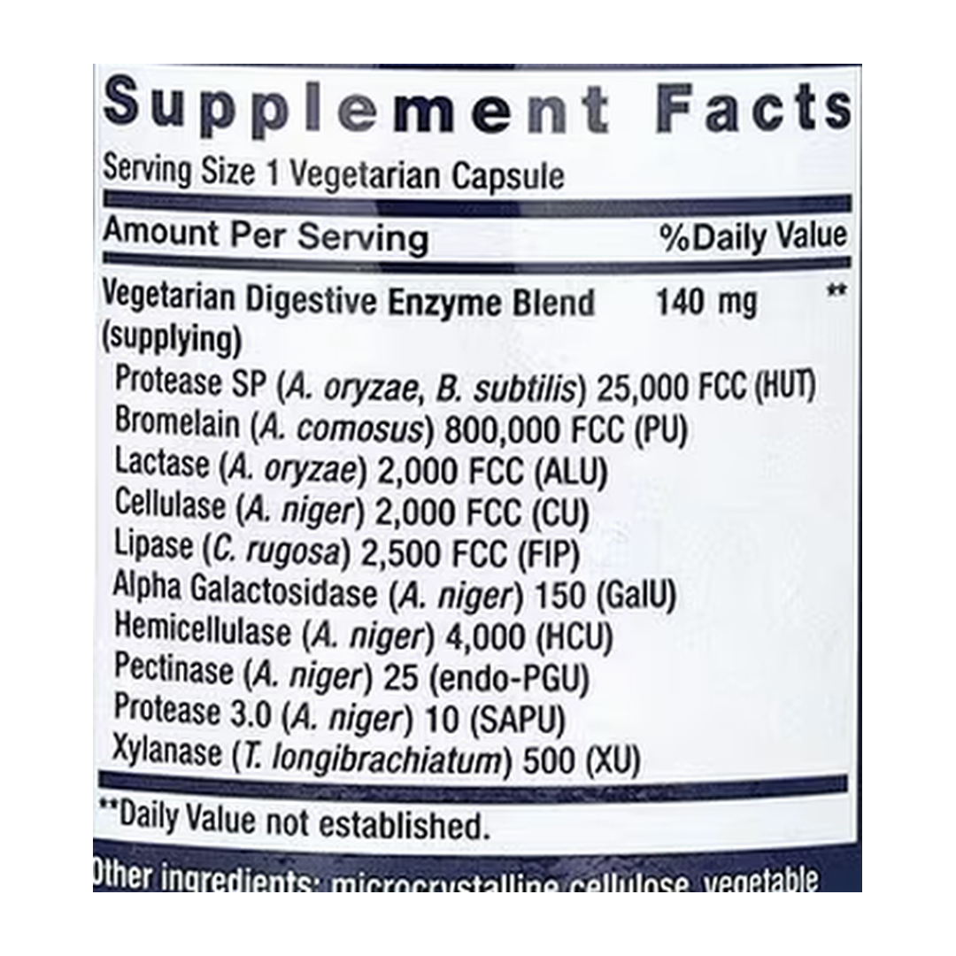 Life Extension, Enhanced Super Digestive Enzymes, 60 Vegetarian Capsules supplement facts label showing ingredients, vitamins, minerals, and serving information