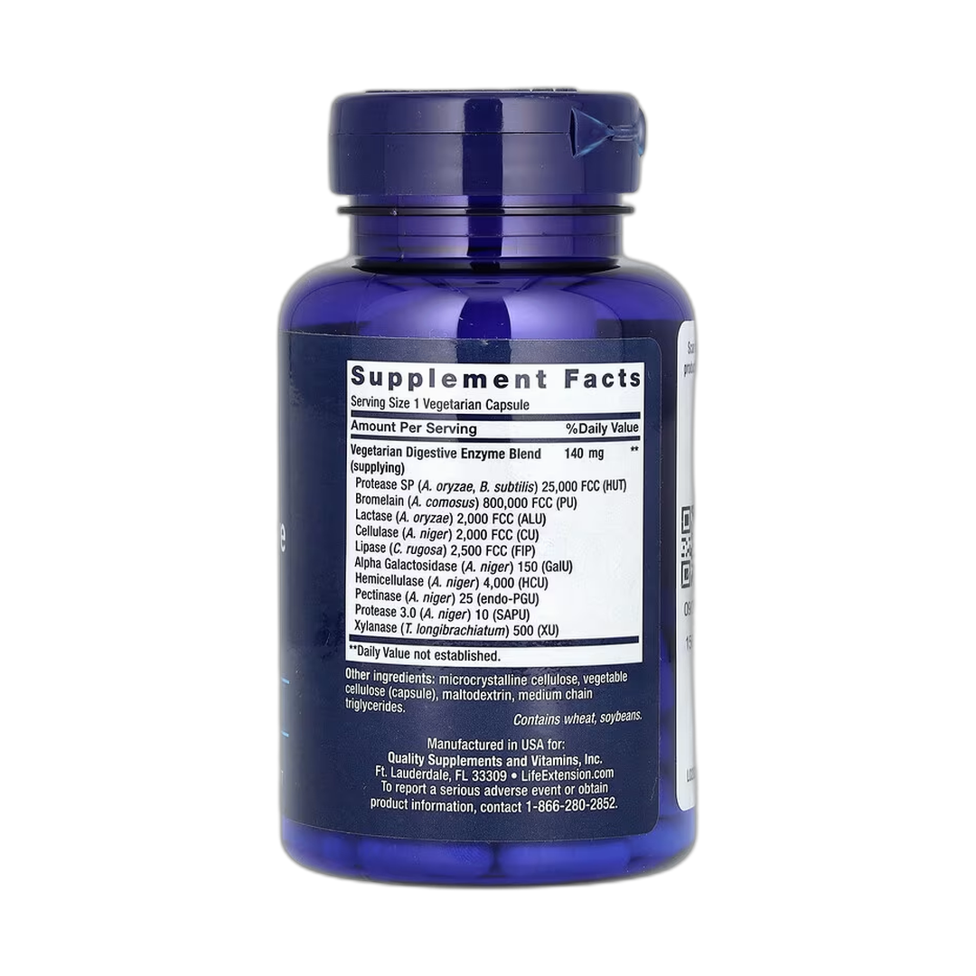 Life Extension, Enhanced Super Digestive Enzymes, 60 Vegetarian Capsules back packaging view