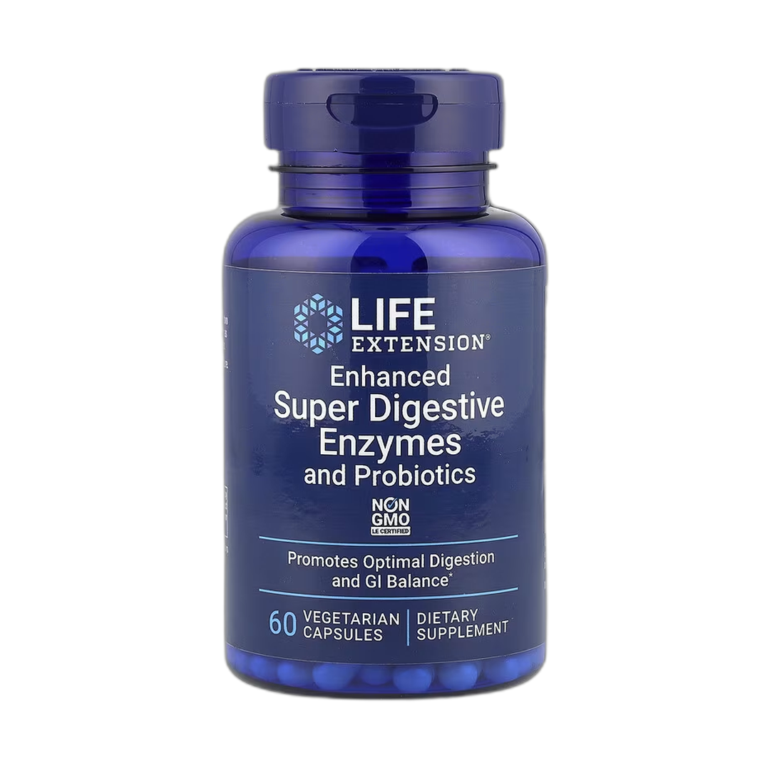 Life Extension, Enhanced Super Digestive Enzymes and Probiotics, 60 Vegetarian Capsules front packaging view