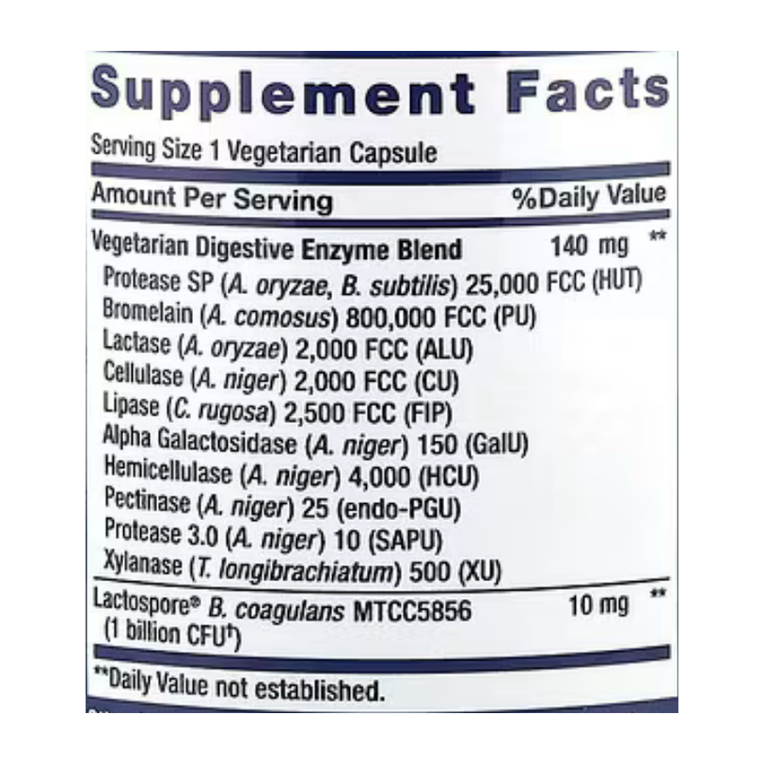Life Extension, Enhanced Super Digestive Enzymes and Probiotics, 60 Vegetarian Capsules supplement facts label showing ingredients, vitamins, minerals, and serving information