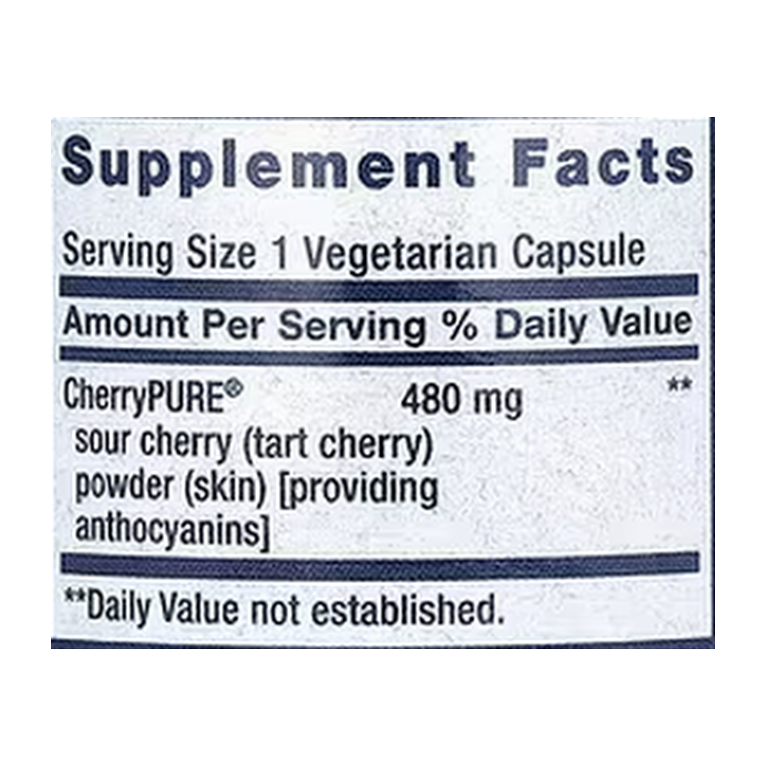 Life Extension, Tart Cherry with CherryPURE, 60 Vegetarian Capsules supplement facts label showing ingredients, vitamins, minerals, and serving information
