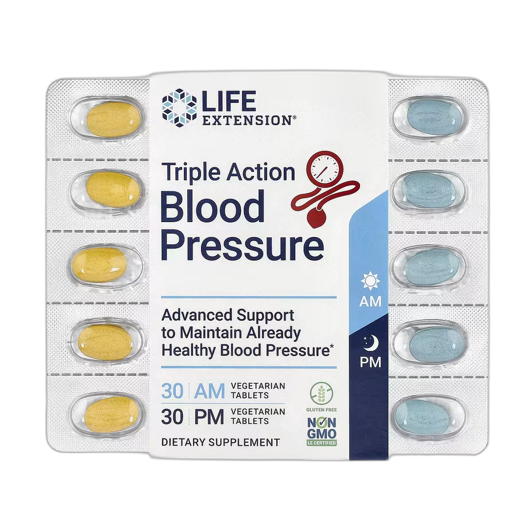 Life Extension, Triple Action Blood Pressure, AM/PM, 60 Vegetarian Tablets front packaging view