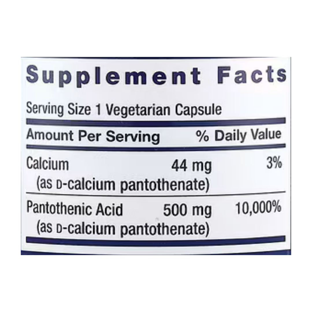 Life Extension, Pantothenic Acid, Vitamin B-5, 500 mg, 100 Vegetarian Capsules supplement facts label showing ingredients, vitamins, minerals, and serving information