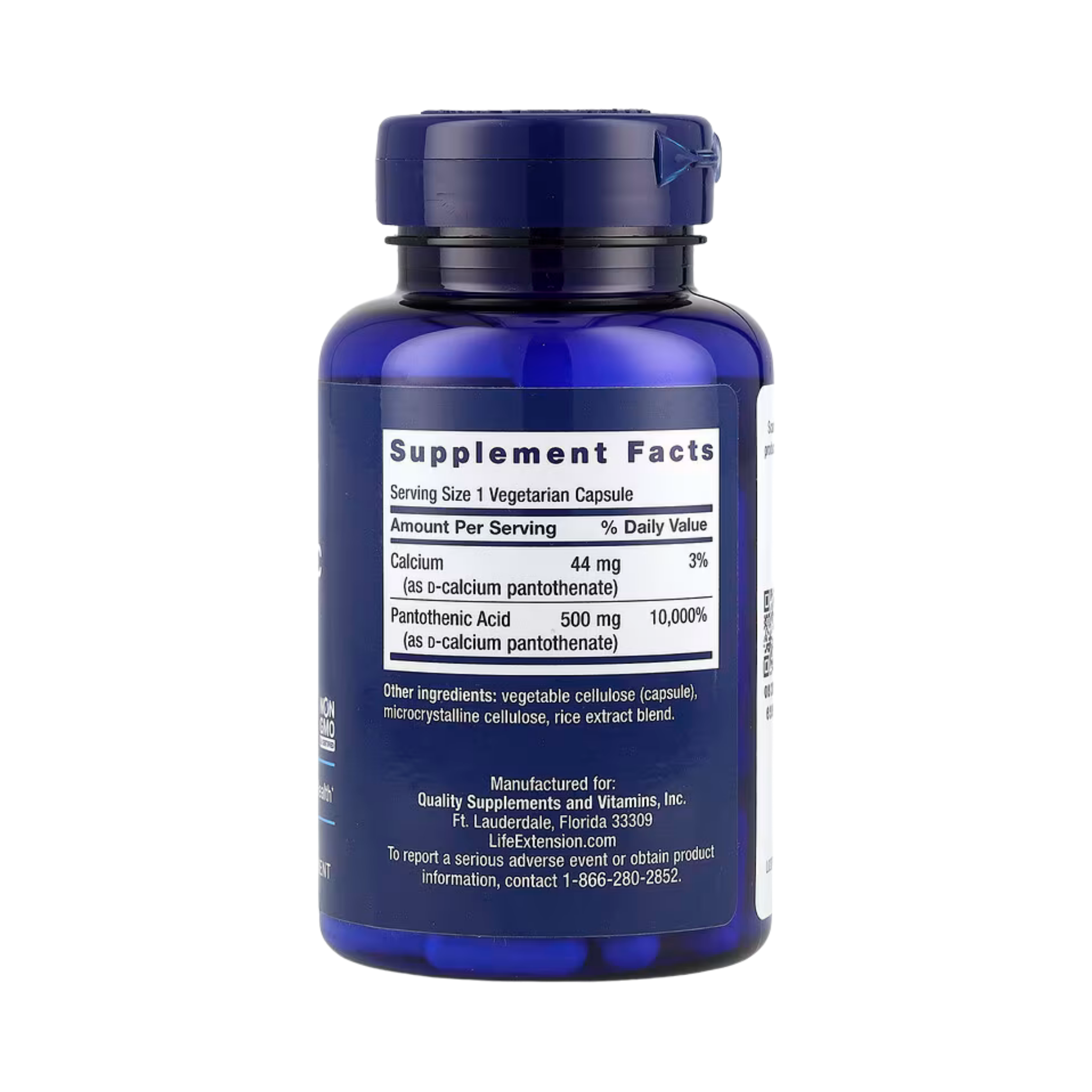 Life Extension, Pantothenic Acid, Vitamin B-5, 500 mg, 100 Vegetarian Capsules back packaging view