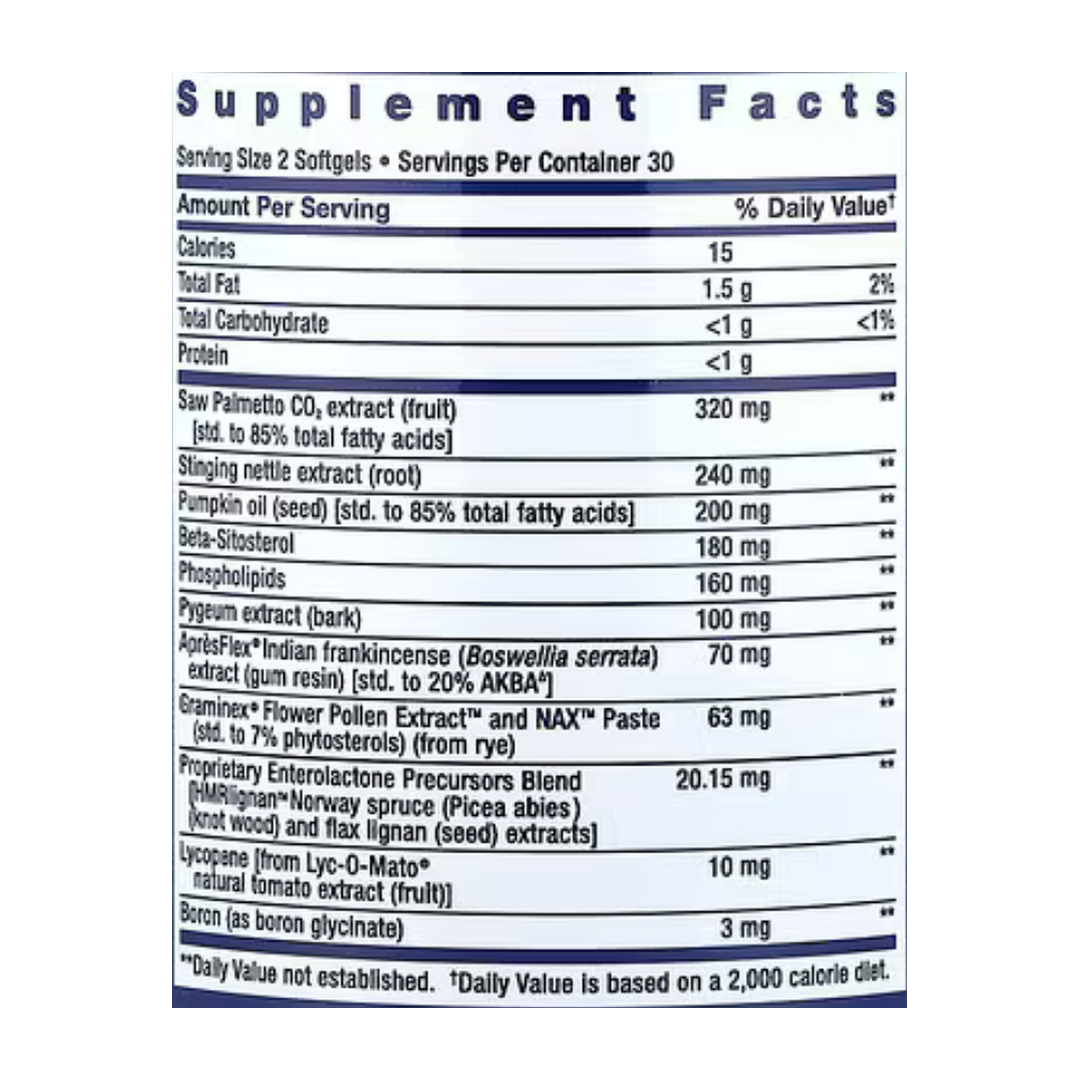 Life Extension, Ultra Prostate Formula, 60 Softgels supplement facts label showing ingredients, vitamins, minerals, and serving information