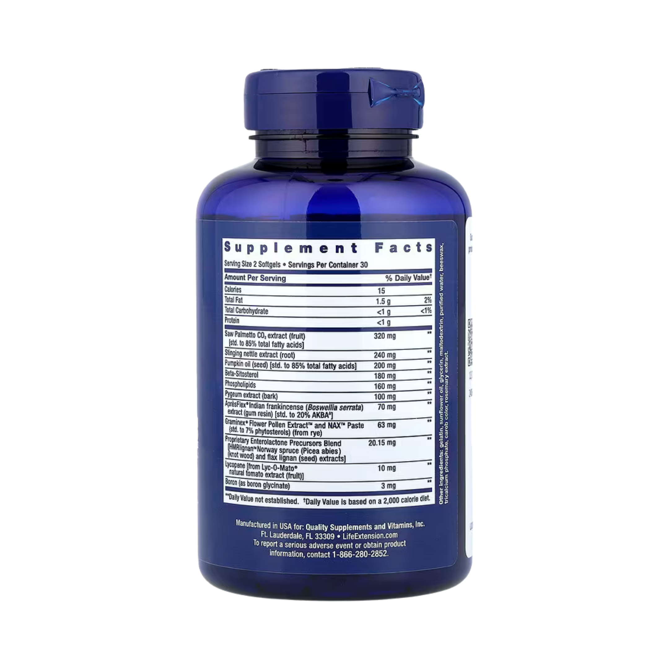 Life Extension, Ultra Prostate Formula, 60 Softgels back packaging view