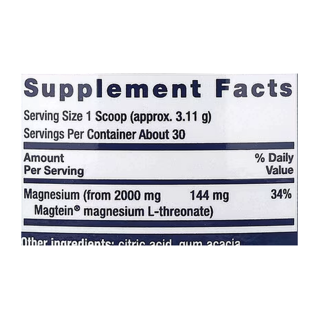 Life Extension, Neuro-Mag®, Magnesium L-Threonate, Tropical Punch, 3.293 oz, 93.35 g supplement facts label showing ingredients, vitamins, minerals, and serving information
