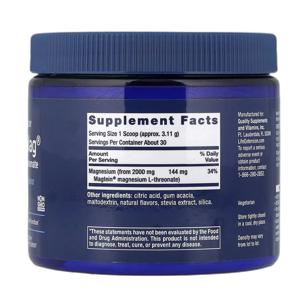 Life Extension, Neuro-Mag, Magnesium L-Threonate, Tropical Punch, 3.293 oz, 93.35 g back packaging view