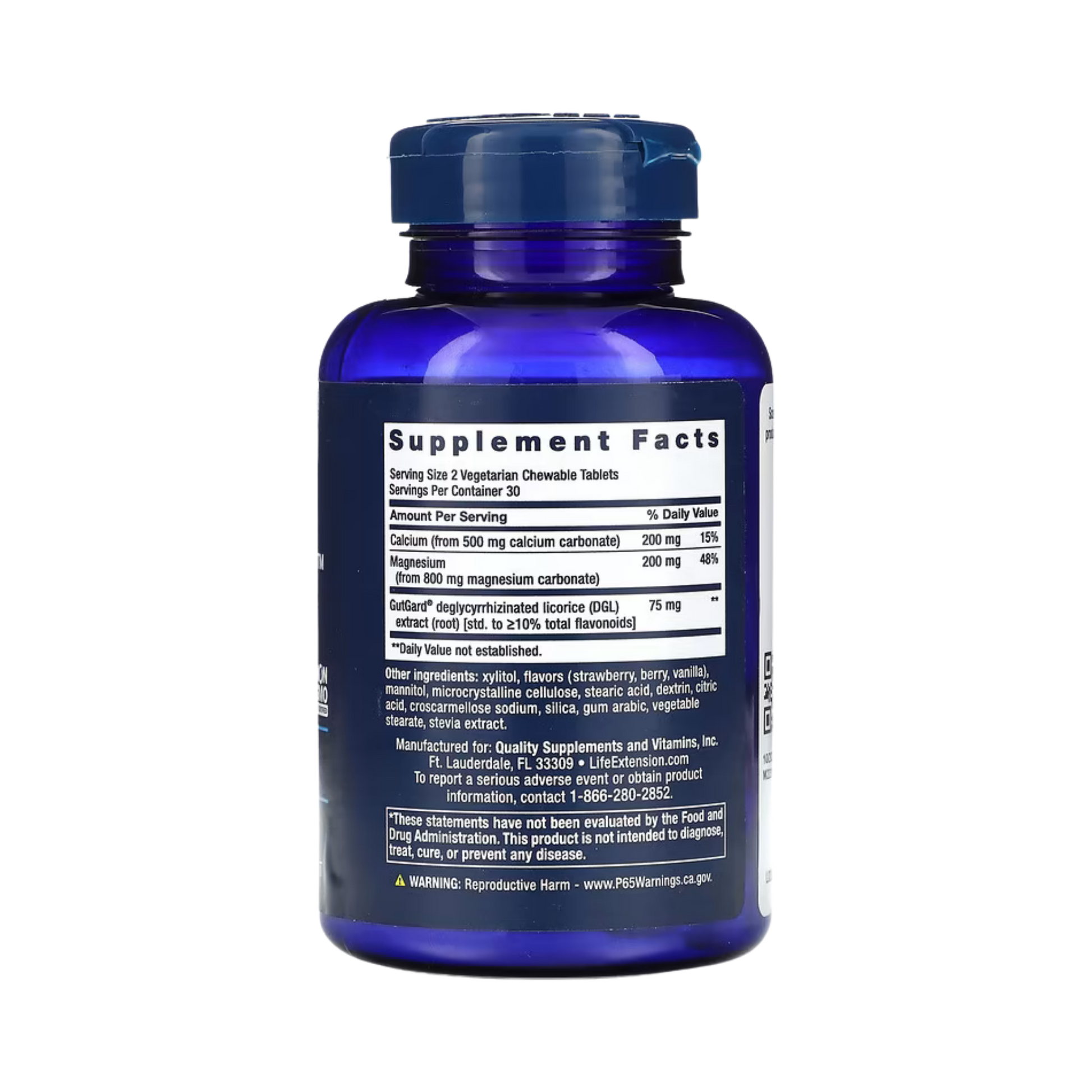 Life Extension, EsophaCool, Berry, 60 Vegetarian Chewable Tablets back packaging view