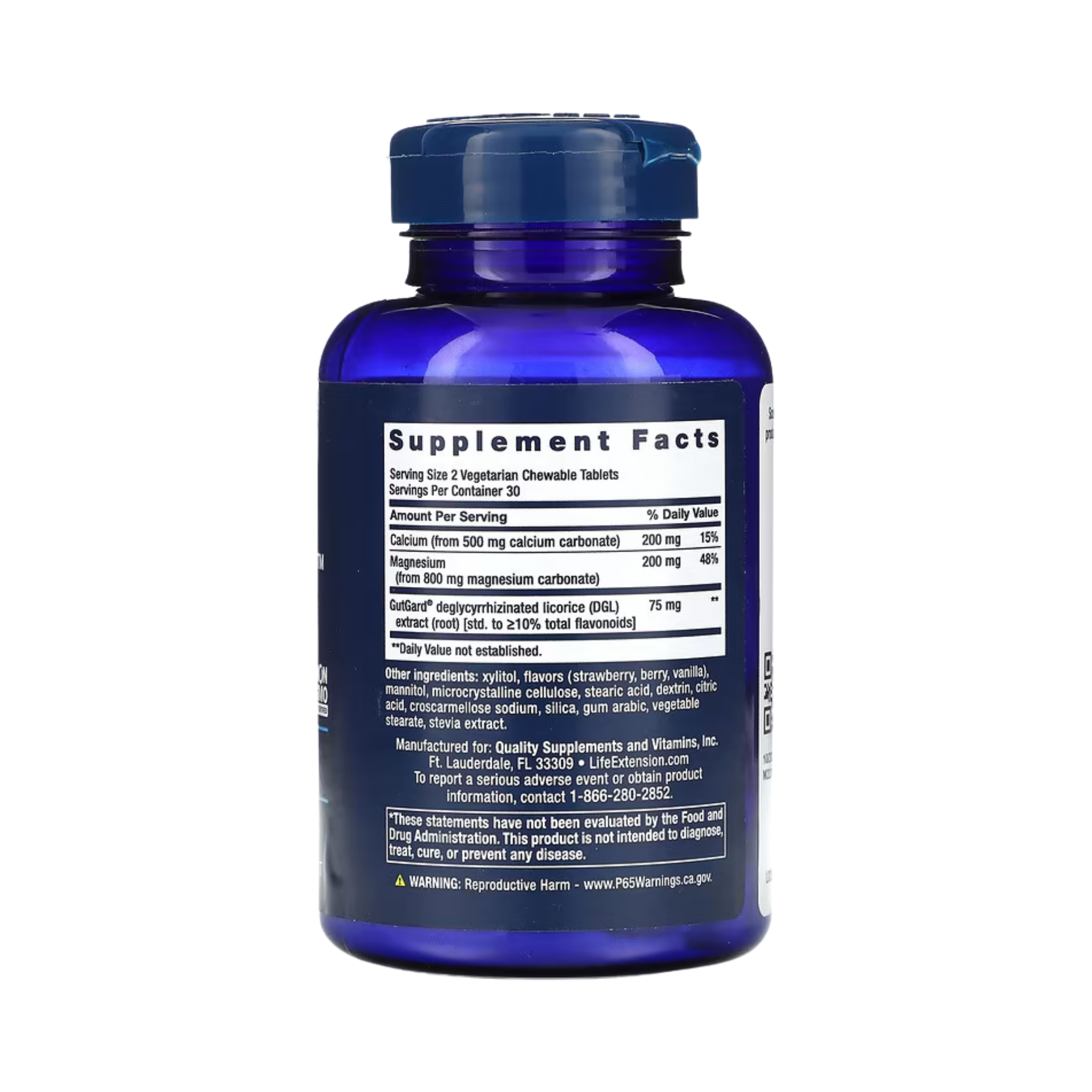 Life Extension, EsophaCool, Berry, 60 Vegetarian Chewable Tablets back packaging view