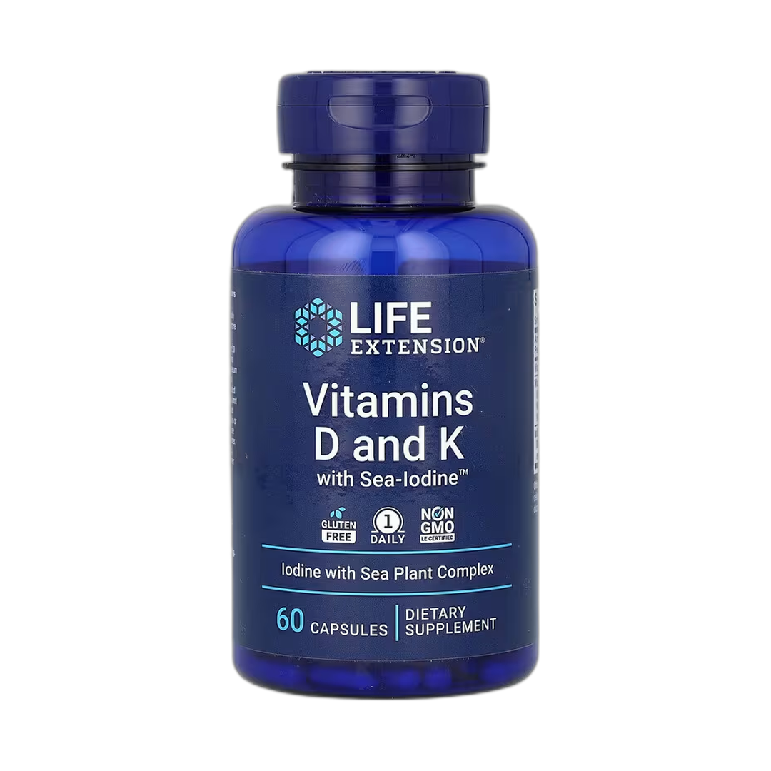 Life Extension, Vitamins D and K with Sea-Iodine, 60 Capsules front packaging view
