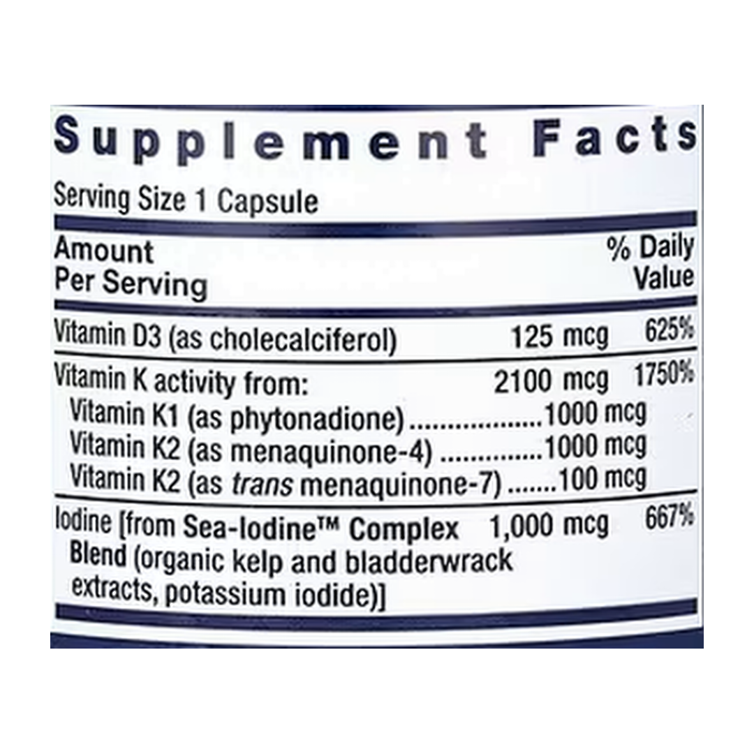 Life Extension, Vitamins D and K with Sea-Iodine, 60 Capsules supplement facts label showing ingredients, vitamins, minerals, and serving information
