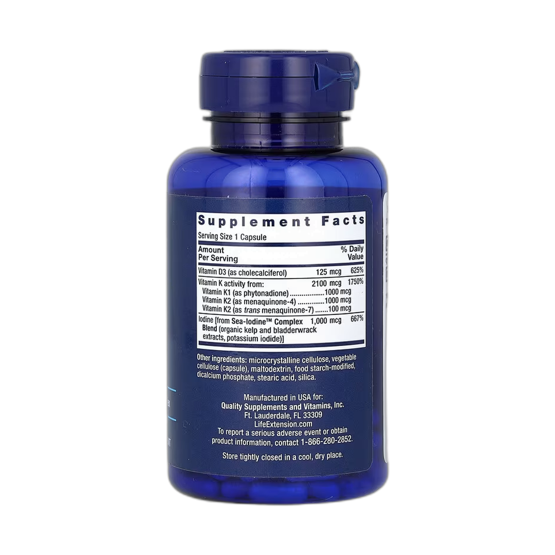 Life Extension, Vitamins D and K with Sea-Iodine, 60 Capsules back packaging view