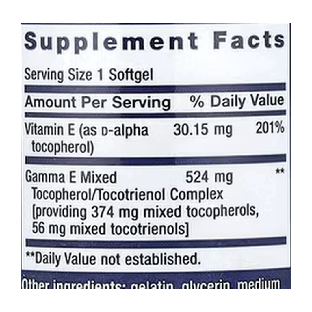 Life Extension, Gamma E, Mixed Tocopherols & Tocotrienols, 60 Softgels supplement facts label showing ingredients, vitamins, minerals, and serving information