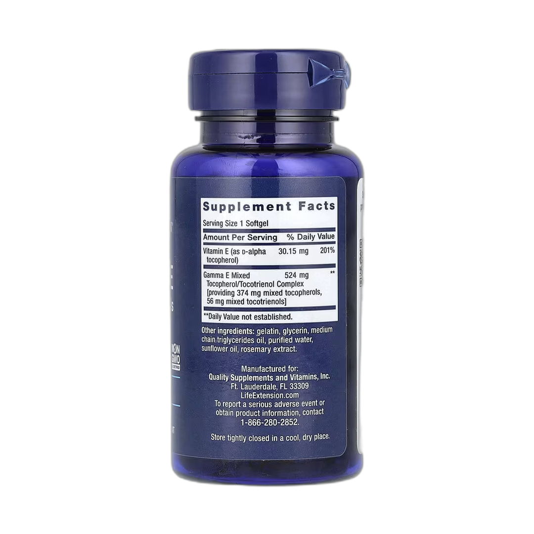 Life Extension, Gamma E, Mixed Tocopherols & Tocotrienols, 60 Softgels back packaging view