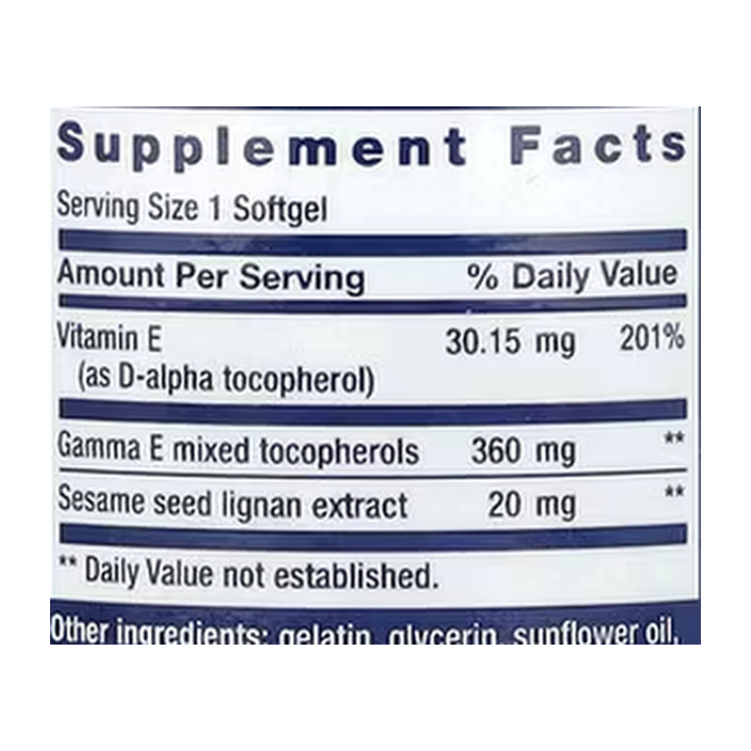 Life Extension, Gamma E Mixed Tocopherols, 60 Softgels supplement facts label showing ingredients, vitamins, minerals, and serving information