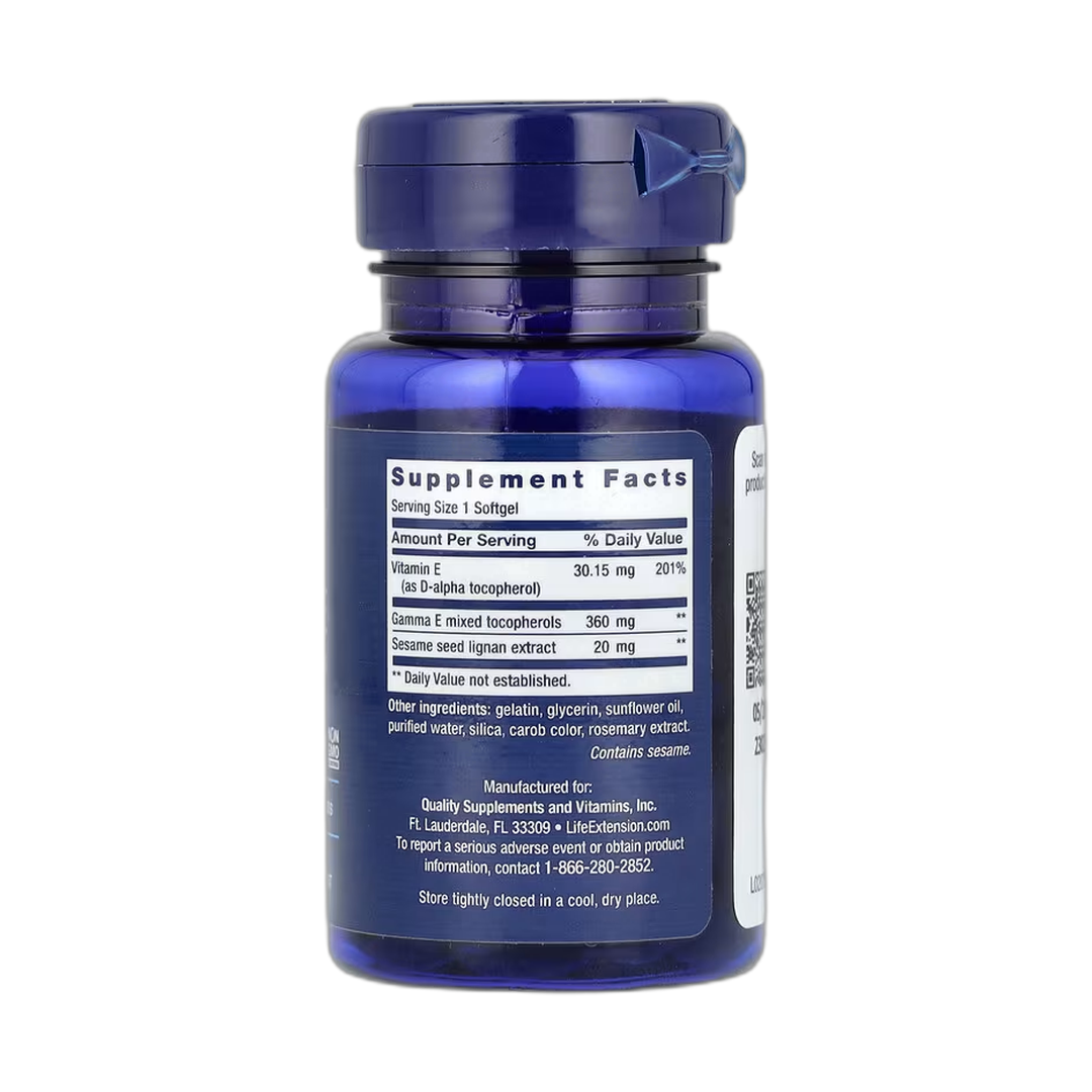 Life Extension, Gamma E Mixed Tocopherols, 60 Softgels back packaging view