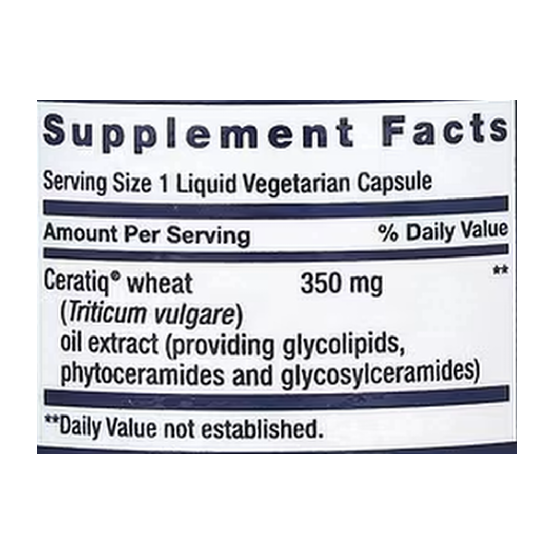 Life Extension, Skin Restoring Ceramides, 30 Liquid Vegetarian Capsules supplement facts label showing ingredients, vitamins, minerals, and serving information