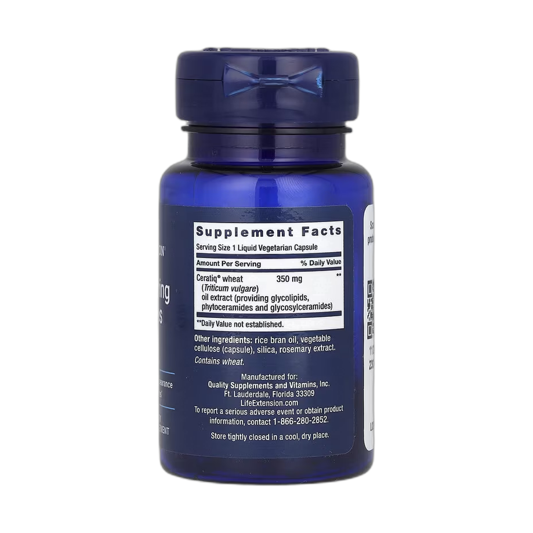 Life Extension, Skin Restoring Ceramides, 30 Liquid Vegetarian Capsules back packaging view
