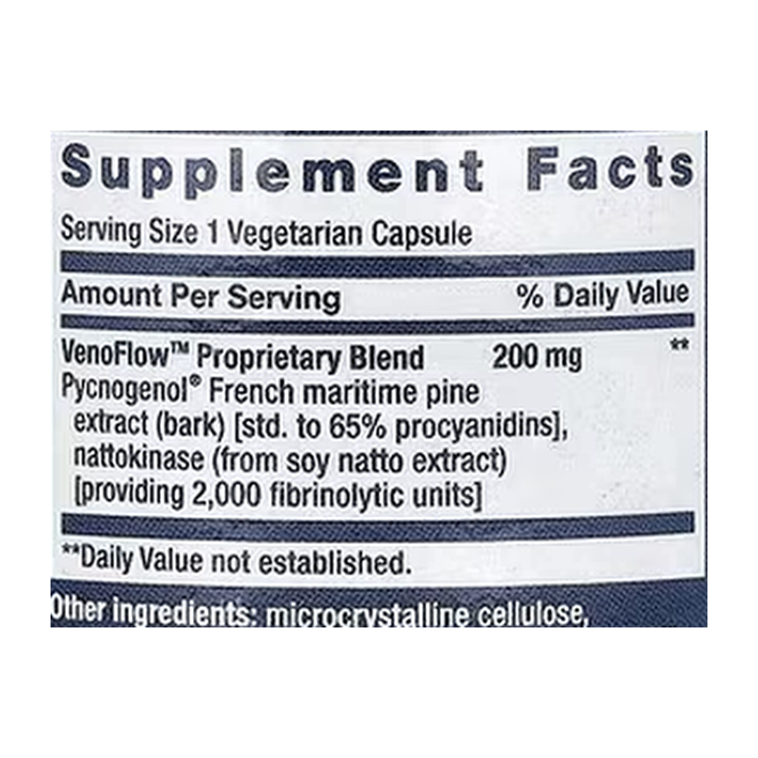 Life Extension, VenoFlow, 30 Vegetarian Capsules supplement facts label showing ingredients, vitamins, minerals, and serving information