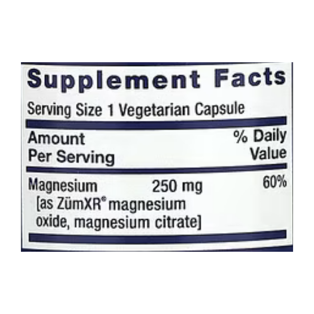 Life Extension, Extend-Release Magnesium, 60 Vegetarian Capsules supplement facts label showing ingredients, vitamins, minerals, and serving information
