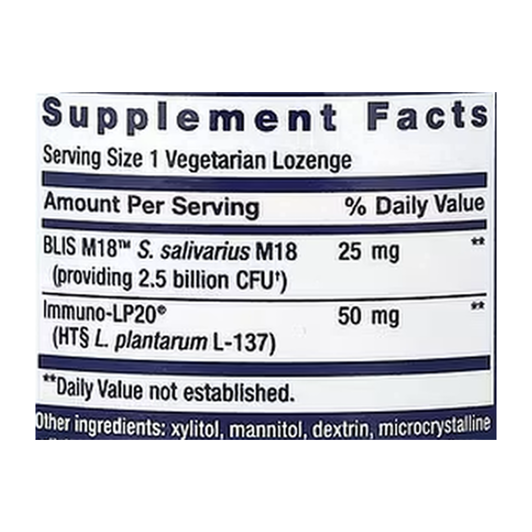Life Extension, FLORASSIST® Probiotic, Oral Hygiene, 30 Vegetarian Lozenges supplement facts label showing ingredients, vitamins, minerals, and serving information
