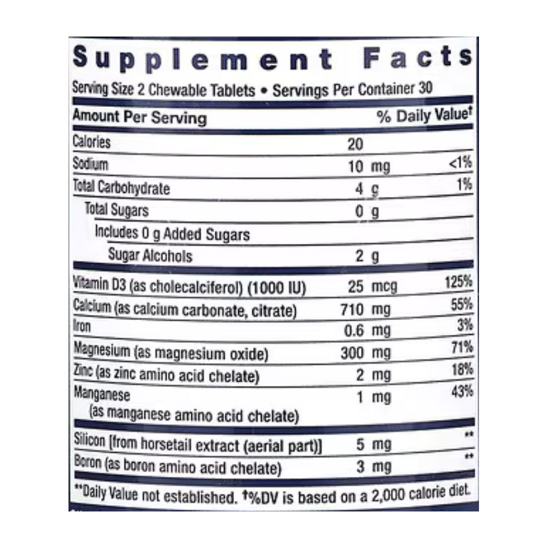 Life Extension, Bone Restore, Chocolate, 60 Chewable Tablets supplement facts label showing ingredients, vitamins, minerals, and serving information