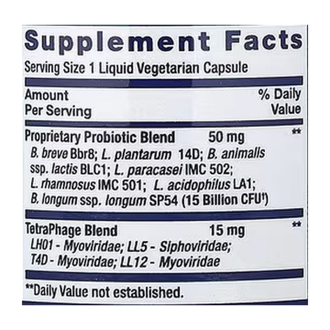 Life Extension, Florassist® Probiotic, GI with Phage Technology, 30 Liquid Vegetarian Capsules supplement facts label showing ingredients, vitamins, minerals, and serving information