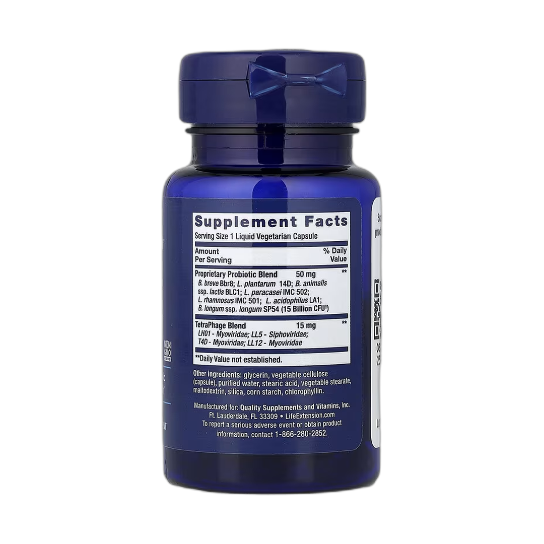 Life Extension, Florassist Probiotic, GI with Phage Technology, 30 Liquid Vegetarian Capsules back packaging view