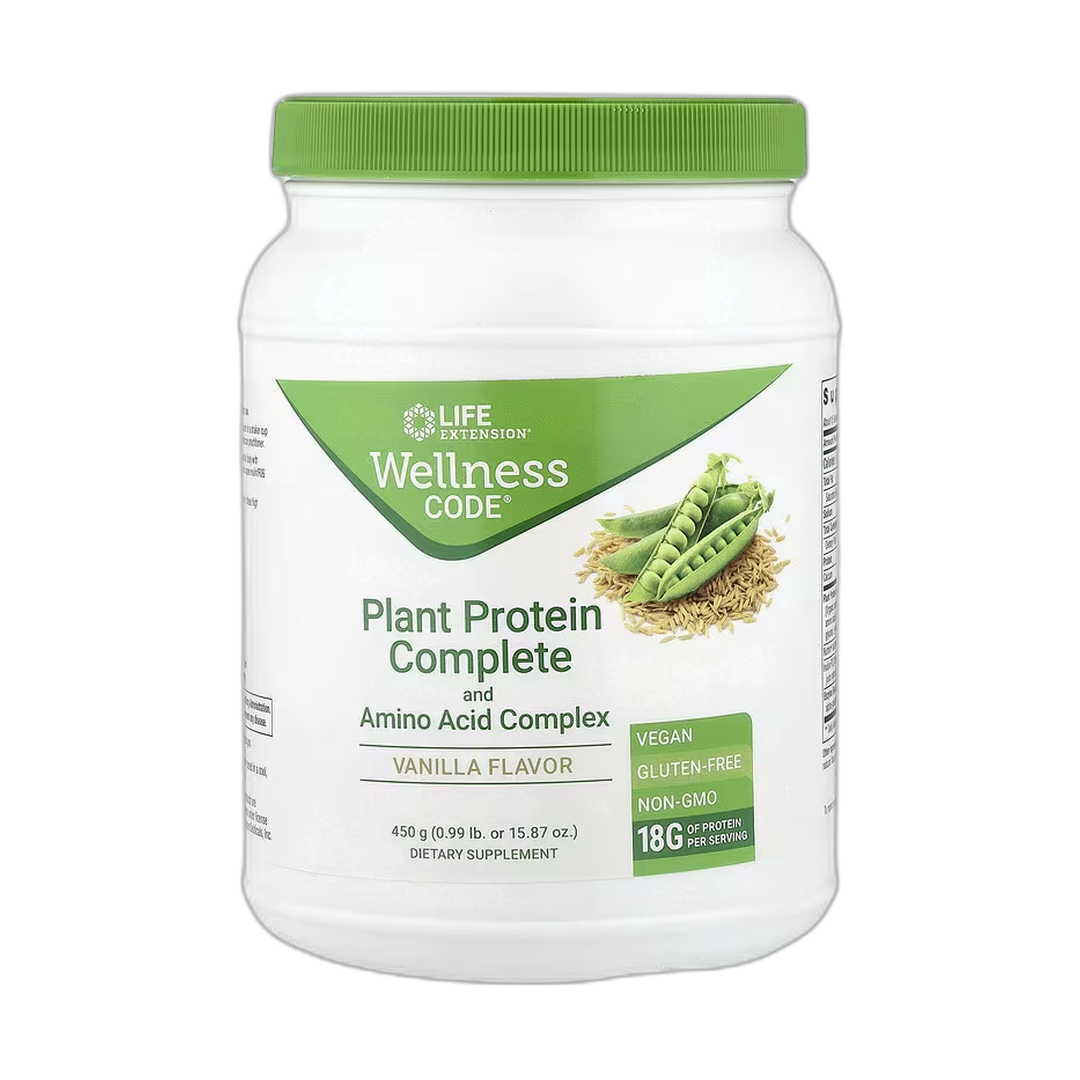 Life Extension, Wellness Code, Plant Protein Complete and Amino Acid Complex, Vanilla, 0.99 lb, 450 g front packaging view