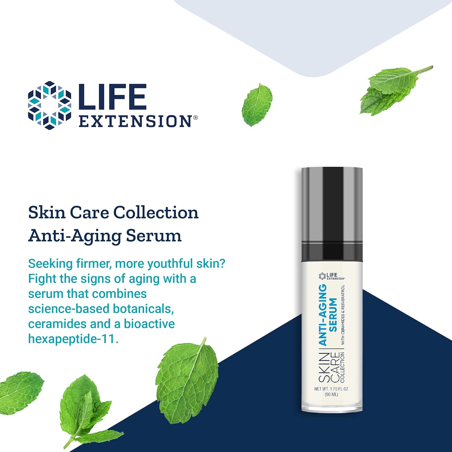 Life Extension, Skin Care Collection, Anti-Aging Serum, 1.75 fl oz, 50 ml supplement facts label showing ingredients, vitamins, minerals, and serving information