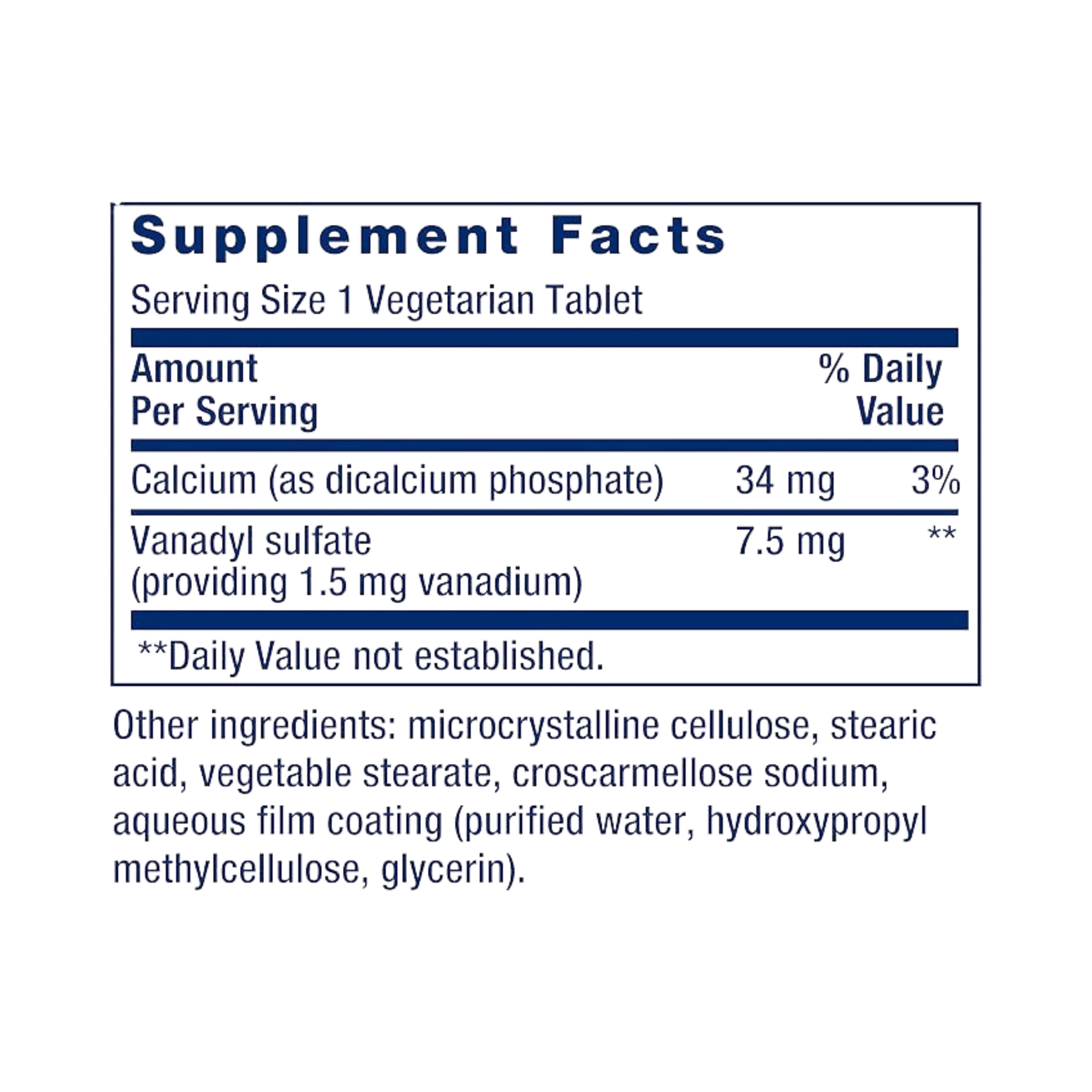 Life Extension, Vanadyl Sulfate, 100 Vegetarian Tablets supplement facts label showing ingredients, vitamins, minerals, and serving information