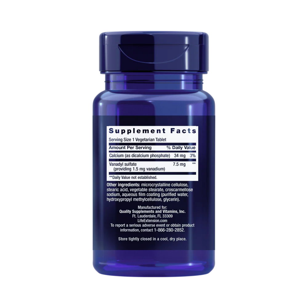 Life Extension, Vanadyl Sulfate, 100 Vegetarian Tablets back packaging view