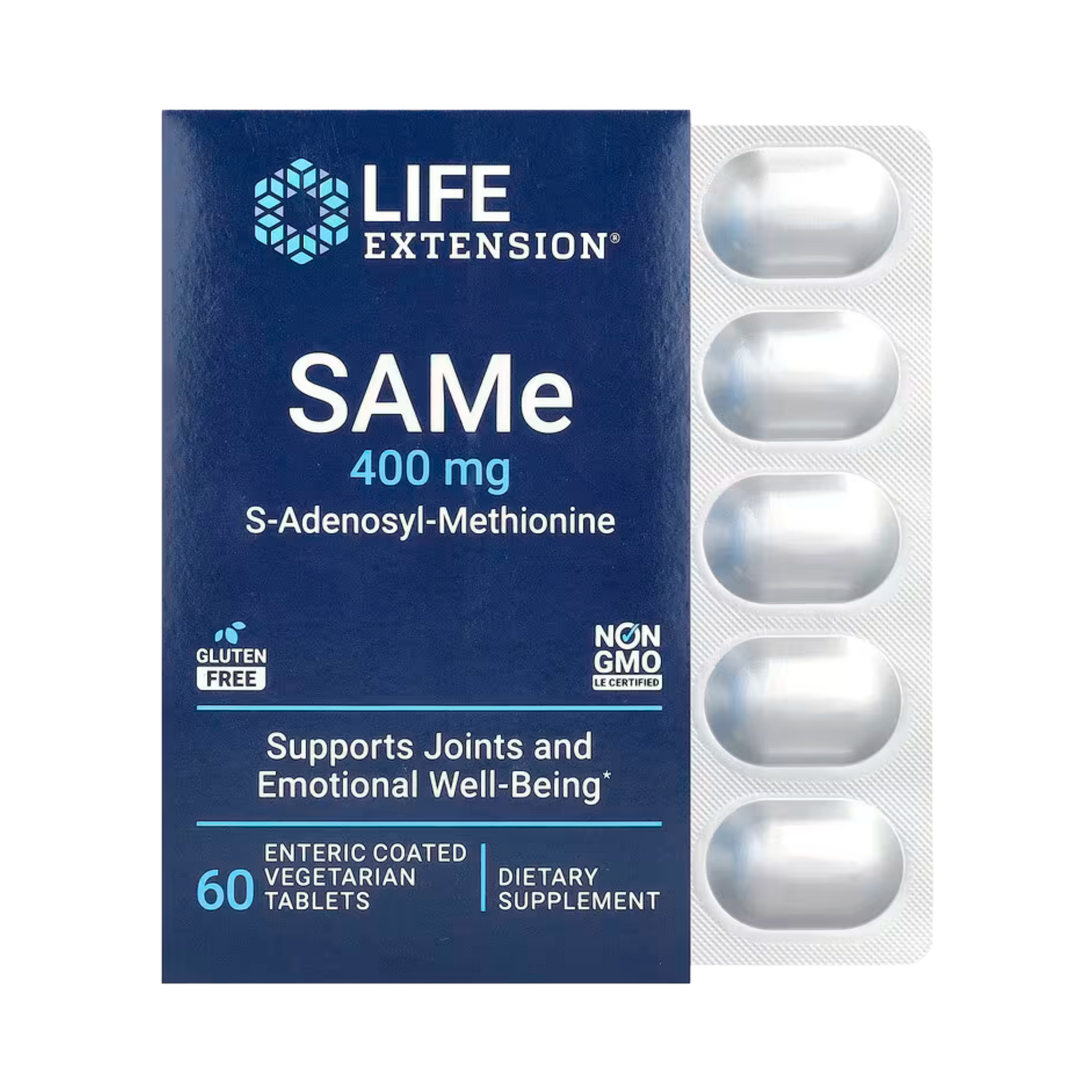 Life Extension, SAMe S-Adenosyl-Methionine, 400 mg, 60 Enteric Coated Vegetarian Tablets front packaging view