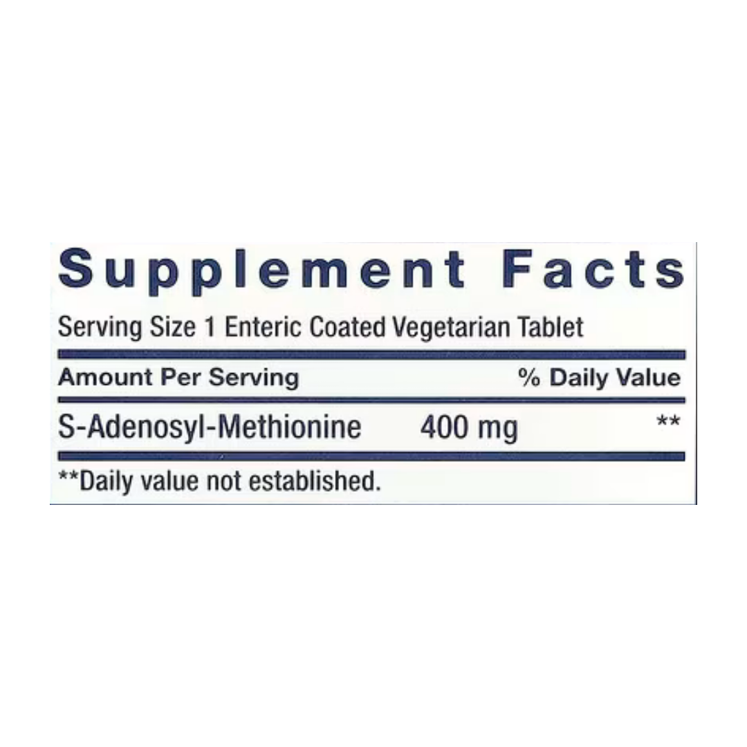 Life Extension, SAMe S-Adenosyl-Methionine, 400 mg, 60 Enteric Coated Vegetarian Tablets supplement facts label showing ingredients, vitamins, minerals, and serving information