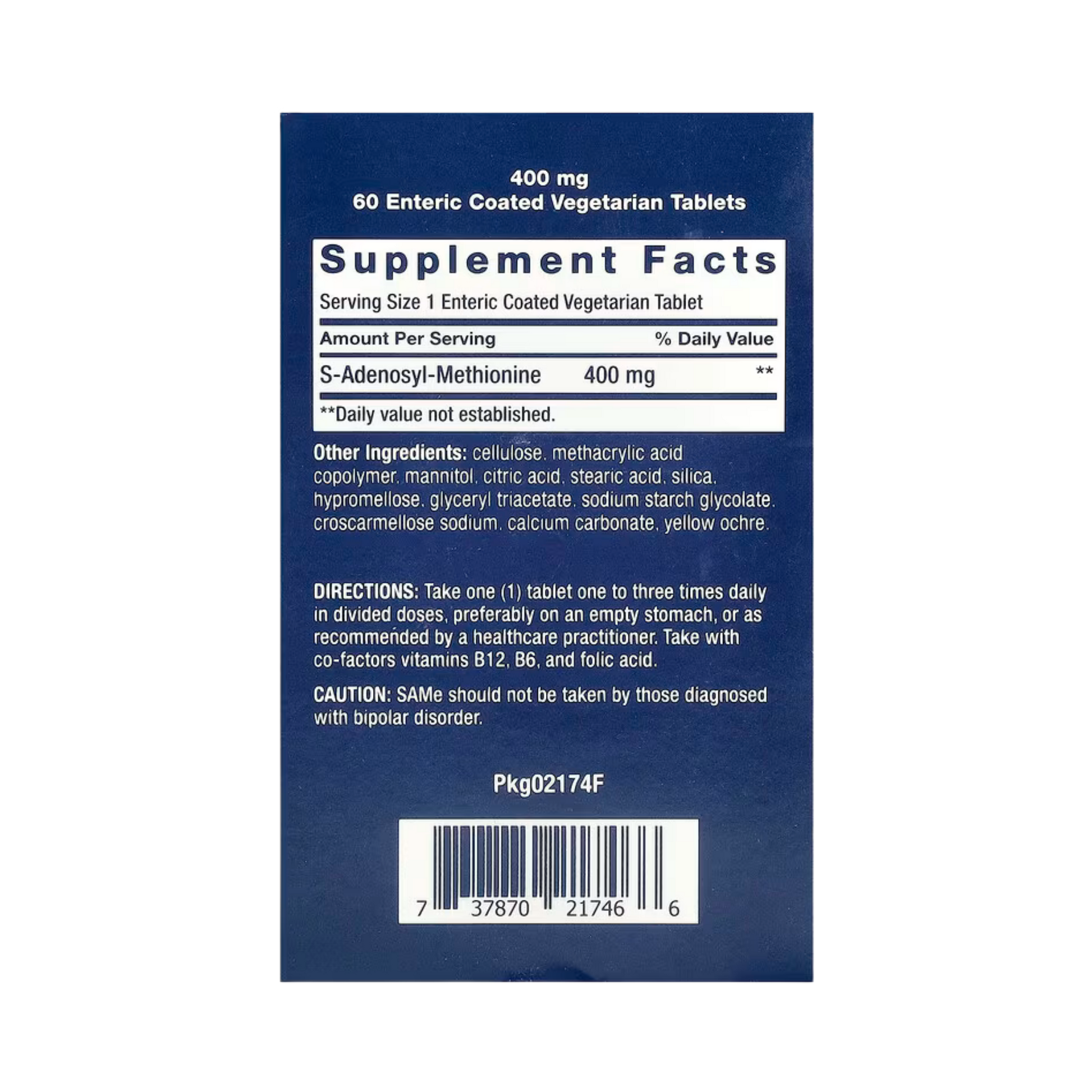 Life Extension, SAMe S-Adenosyl-Methionine, 400 mg, 60 Enteric Coated Vegetarian Tablets back packaging view