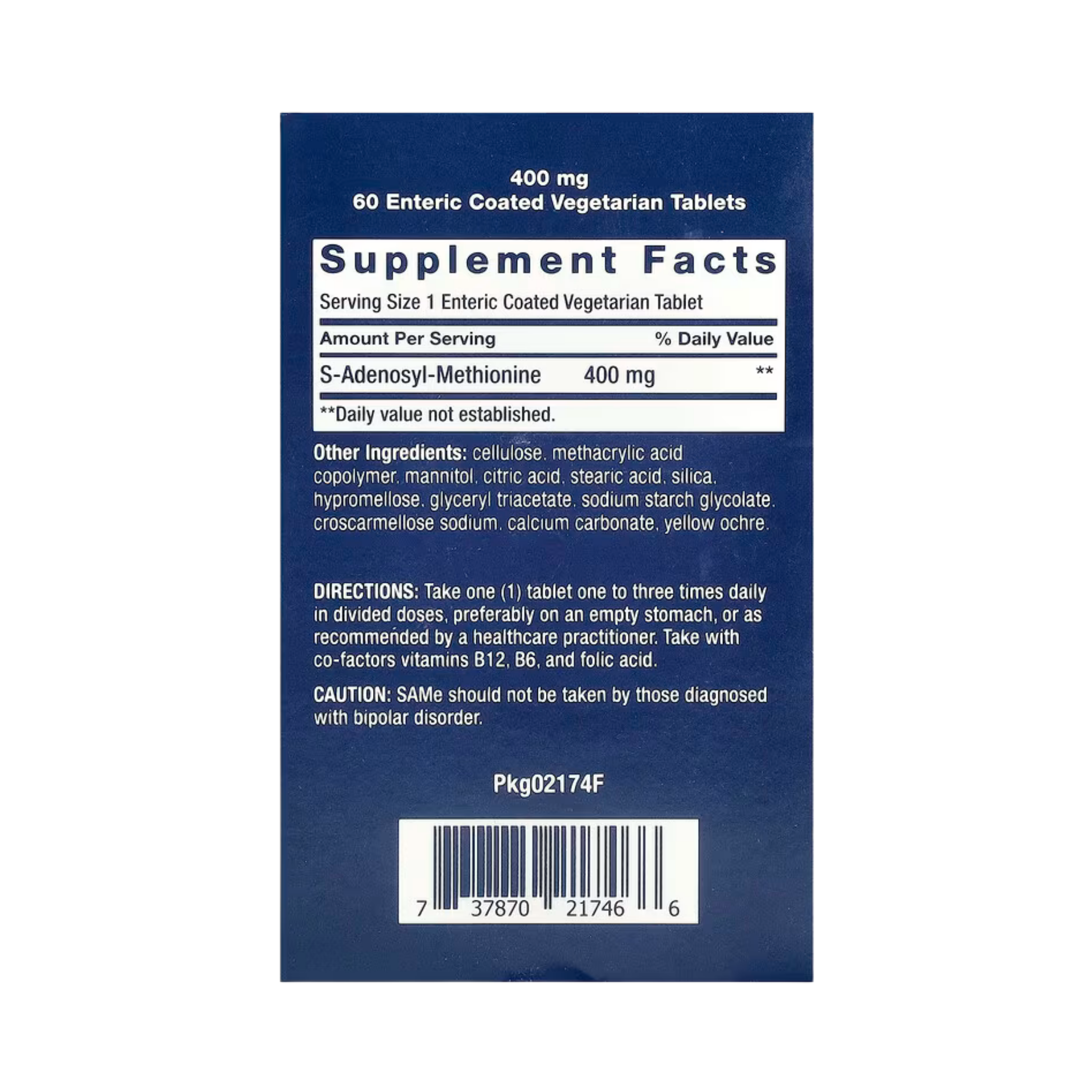Life Extension, SAMe S-Adenosyl-Methionine, 400 mg, 60 Enteric Coated Vegetarian Tablets back packaging view