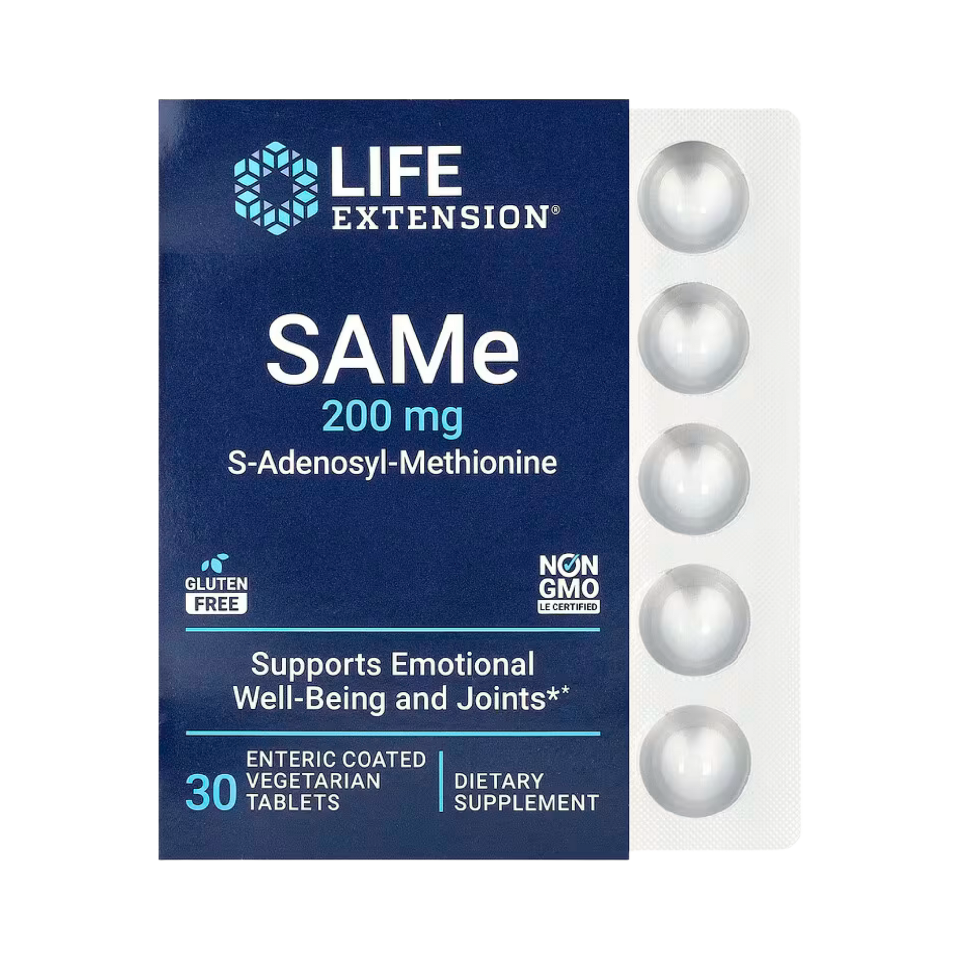 Life Extension, SAMe S-Adenosyl-Methionine, 200 mg, 30 Enteric Coated Vegetarian Tablets front packaging view
