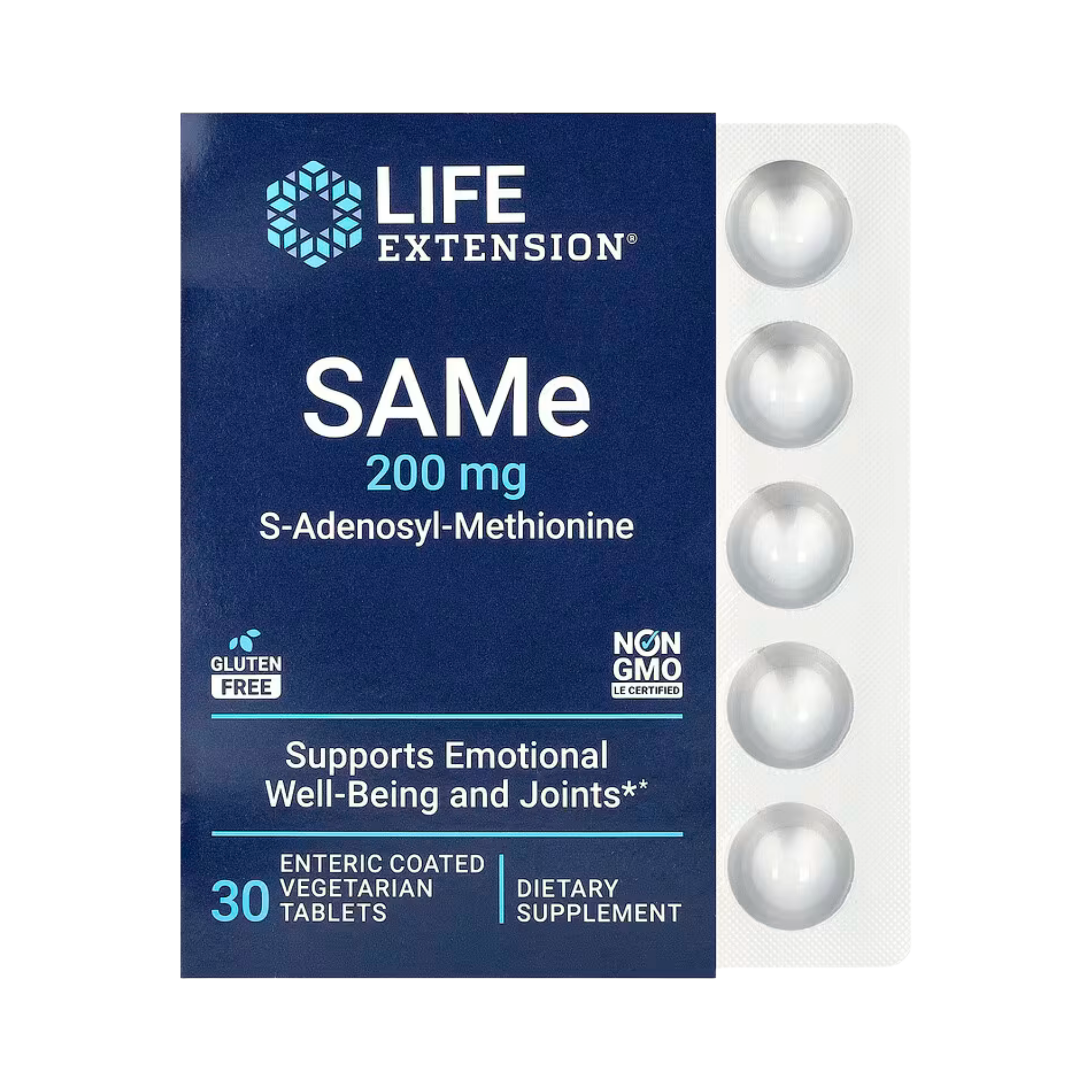 Life Extension, SAMe S-Adenosyl-Methionine, 200 mg, 30 Enteric Coated Vegetarian Tablets front packaging view