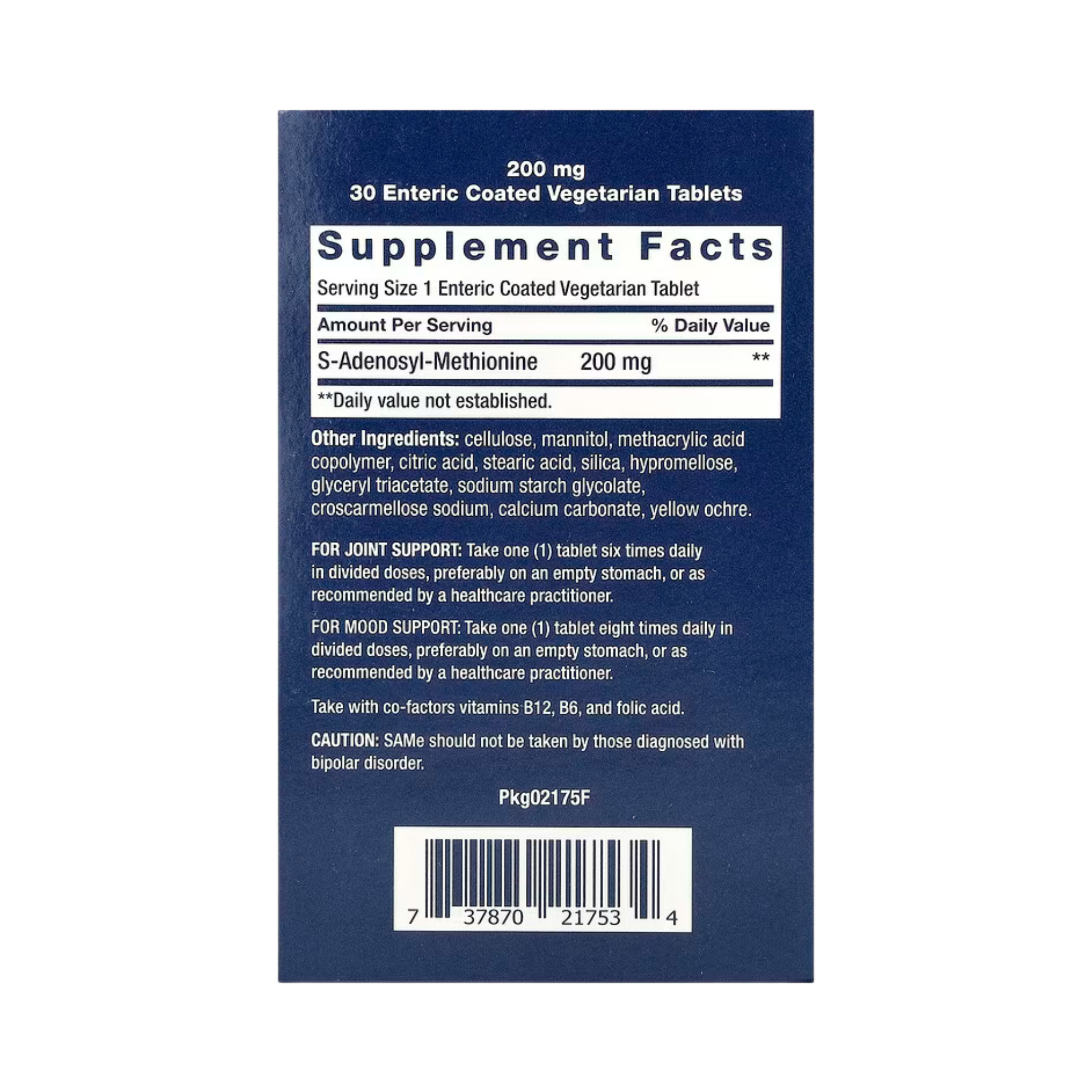 Life Extension, SAMe S-Adenosyl-Methionine, 200 mg, 30 Enteric Coated Vegetarian Tablets back packaging view