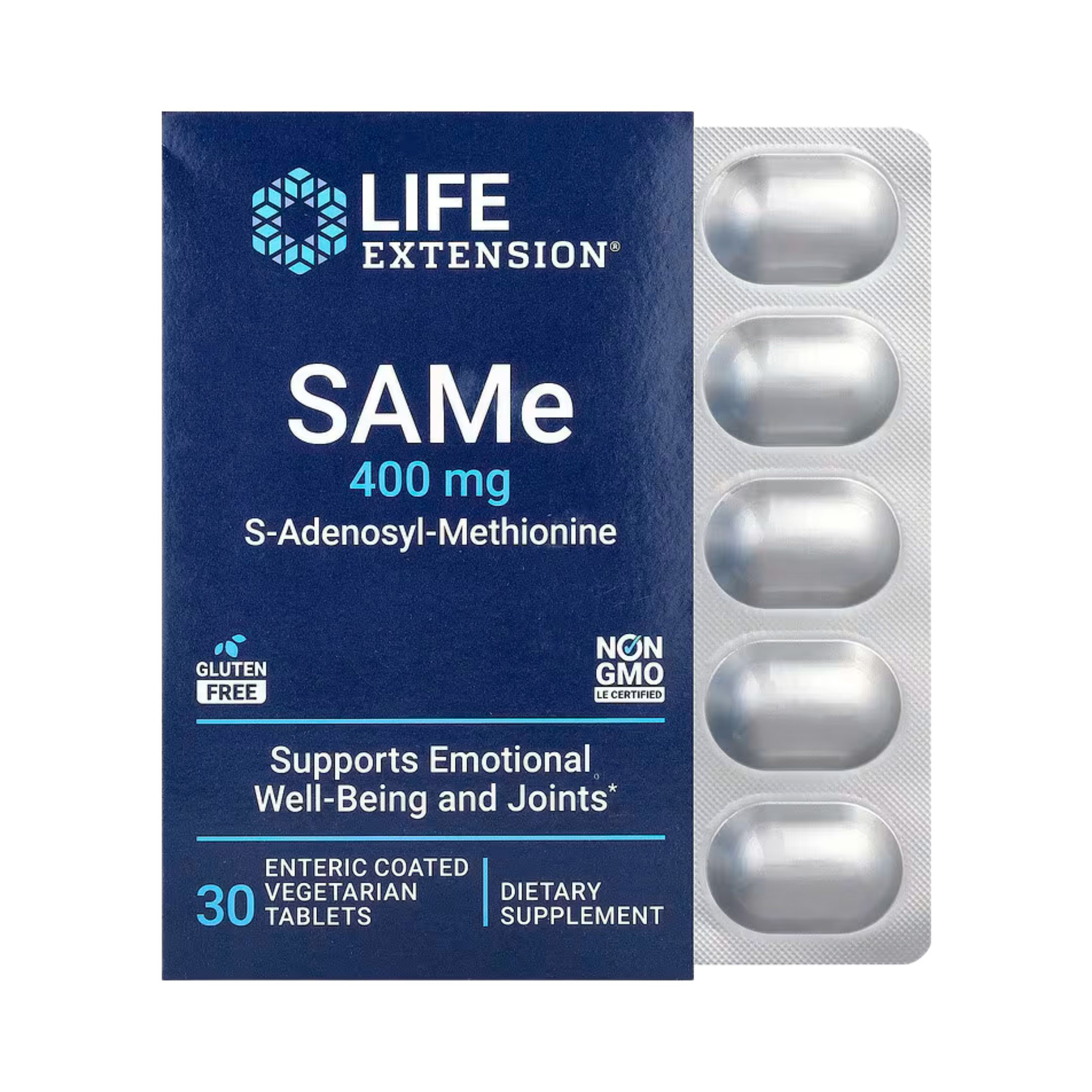 Life Extension, SAMe, S-Adenosyl-Methionine, 400 mg, 30 Enteric Coated Vegetarian Tablets front packaging view