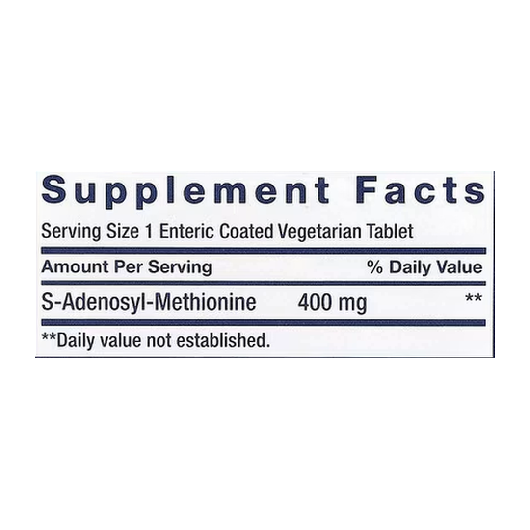 Life Extension, SAMe, S-Adenosyl-Methionine, 400 mg, 30 Enteric Coated Vegetarian Tablets supplement facts label showing ingredients, vitamins, minerals, and serving information