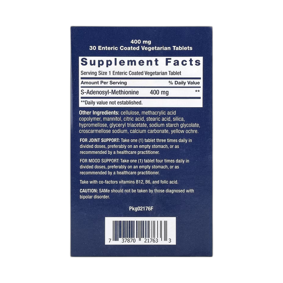 Life Extension, SAMe, S-Adenosyl-Methionine, 400 mg, 30 Enteric Coated Vegetarian Tablets back packaging view