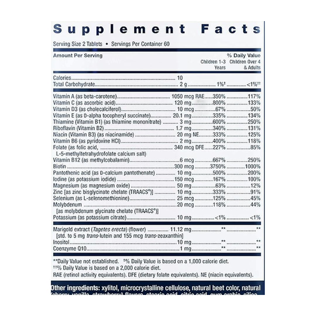 Life Extension, Children's Formula, Life Extension Mix™, Natural Berry, 120 Chewable Tablets supplement facts label showing ingredients, vitamins, minerals, and serving information