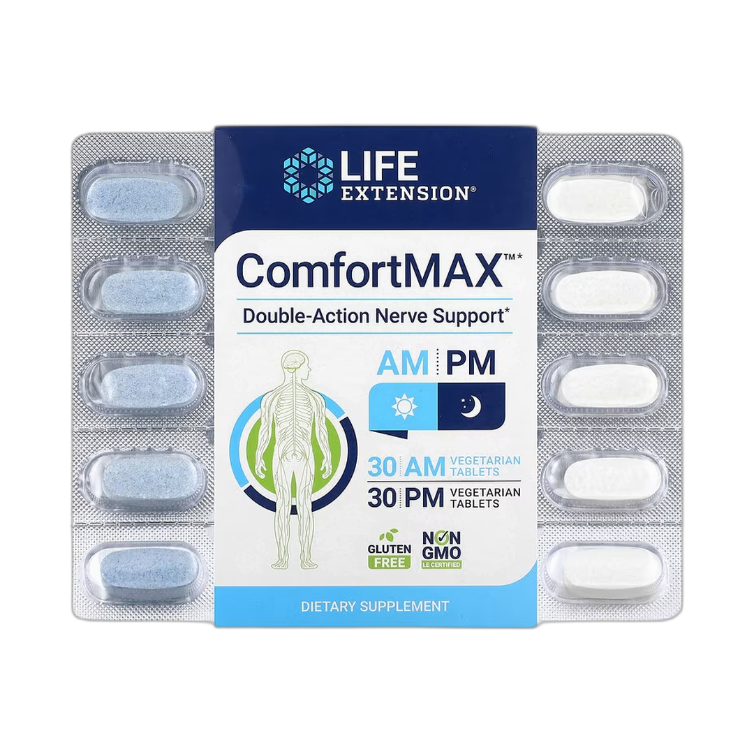 Life Extension, ComfortMAX, Double-Action Nerve Support, For AM & PM, 60 Vegetarian Tablets front packaging view