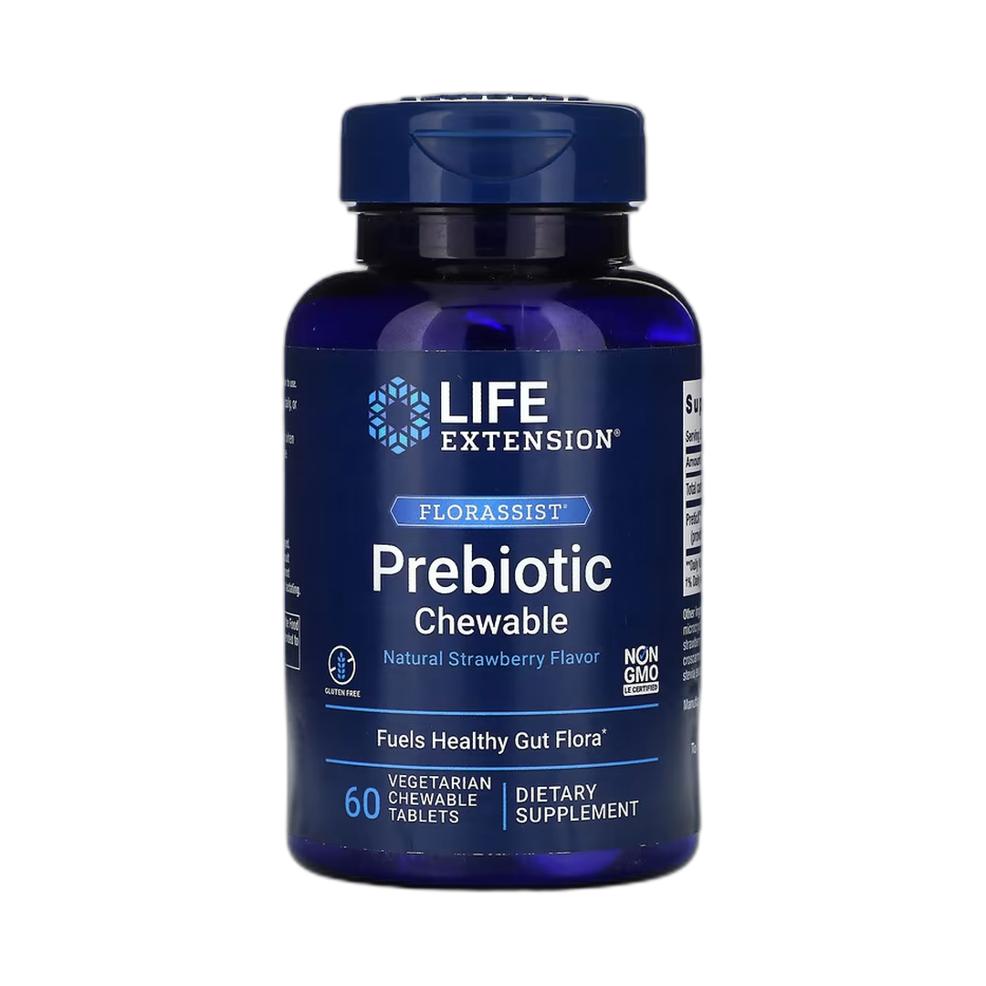 Life Extension, Florassist Prebiotic Chewable, Natural Strawberry, 60 Vegetarian Chewable Tablets front packaging view